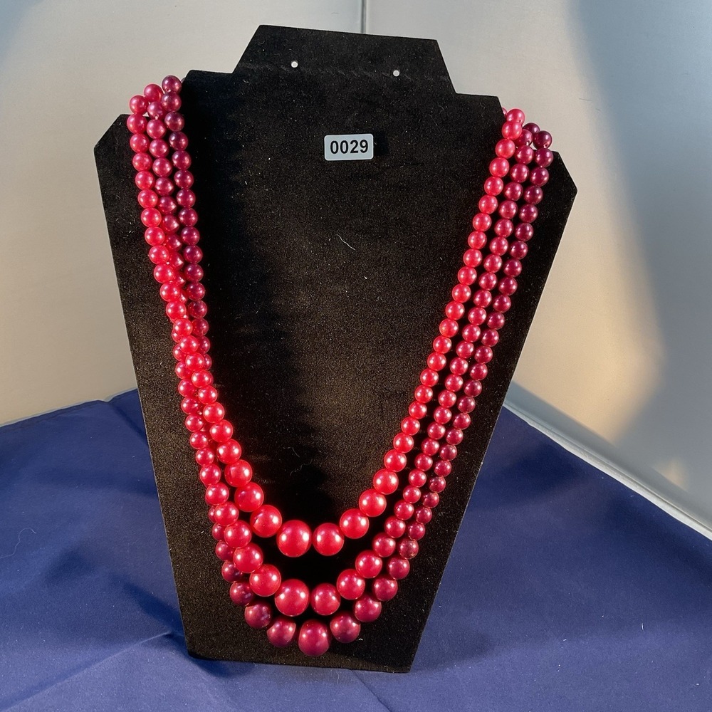 Vintage Red Burgundy Faux Pearl Necklace Three Strand Graduated Bead Statement